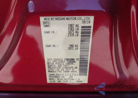 2015 Nissan Altima 3.5 Sl z USA, uszkodzony, nr VIN 1N4BL3AP1FC173701